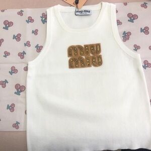 Miu Miu White Knit Tank with Gold Embellished Logo